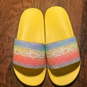 NEW BEBE FRAIDA SLIDE GLITTER LOGO Rainbow COLOR: YELLOW Size 8